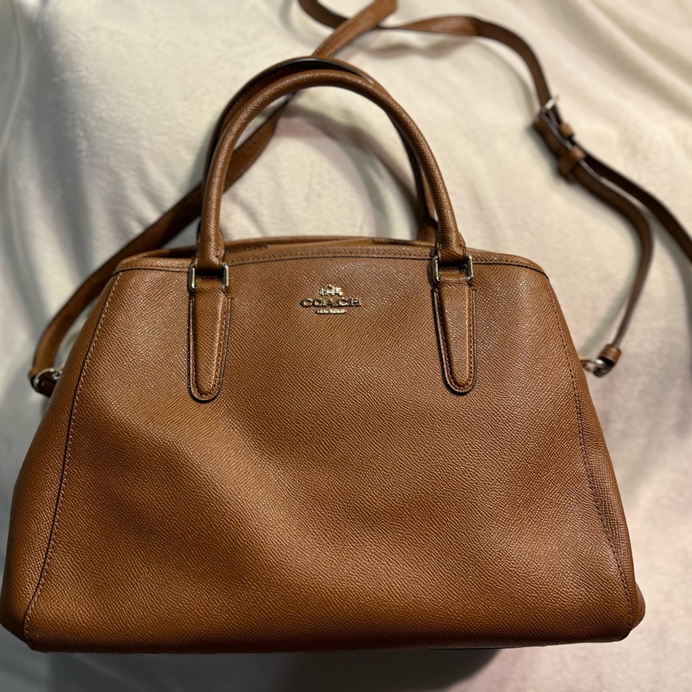 Coach medium satchel handbag in brown pebble leather